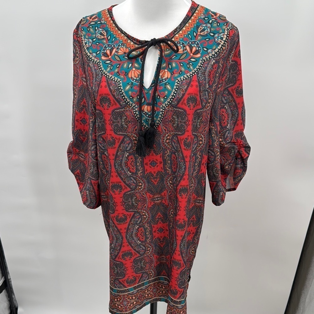 Bohemian Red Paisley Dress withh Toe Front and Ruched Sleeves Size S